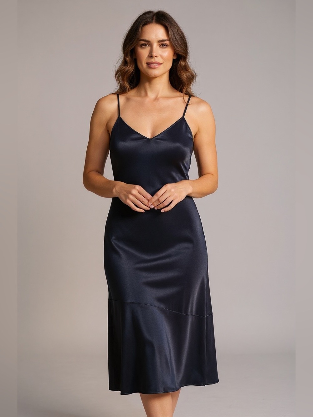 SAM EDELMAN Navy Blue Satin Midi Slip Dress Sz 6 Sm Evening Cocktail Minimalist